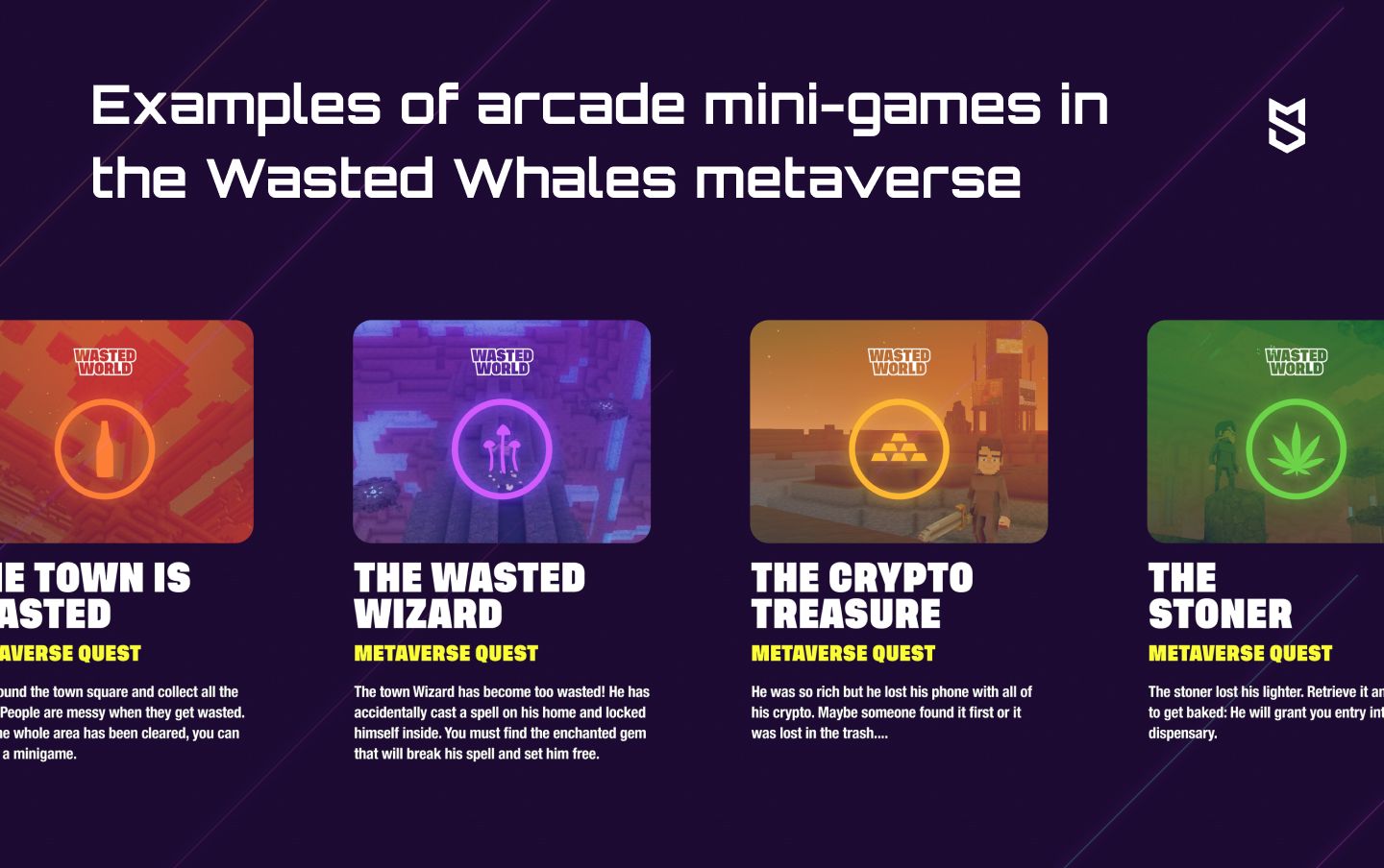 Esempi di diversi minigiochi arcade nel metaverso Wasted Whales