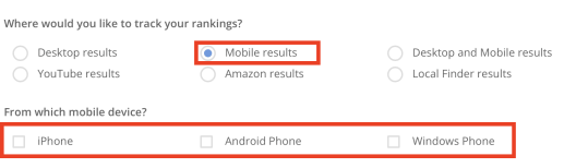 Selectarea rezultatelor mobile și urmărirea în Pro Rank Tracker