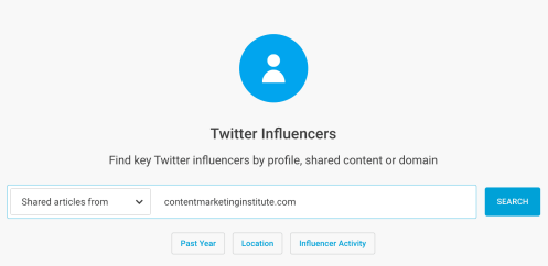Căutarea „contentmarketinginstitute.com folosind funcția Twitter Influencers de la BuzzSumo