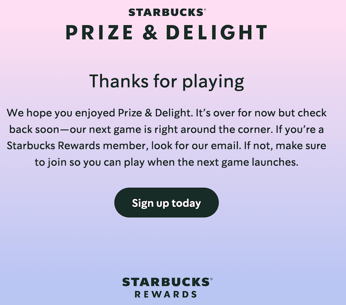 Pagina di destinazione di Starbucks per il programma a premi.