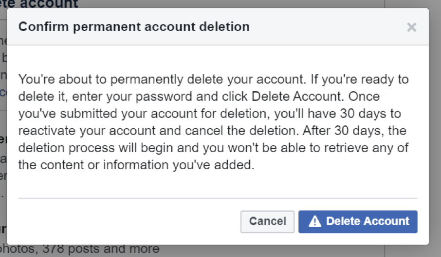 confirm permanent account deletion facebook