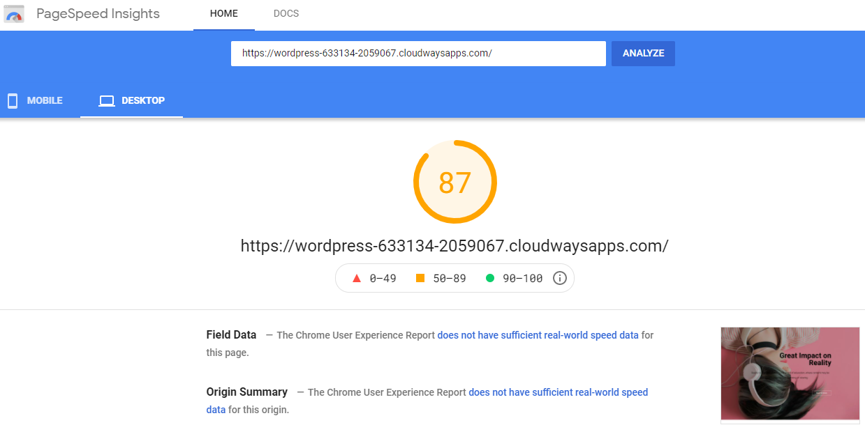 Elementor PageSpeed Insight 测试结果