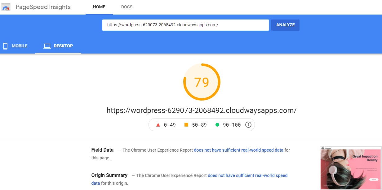 Resultado do teste do PageSpeed ​​Insight do construtor de páginas Zion