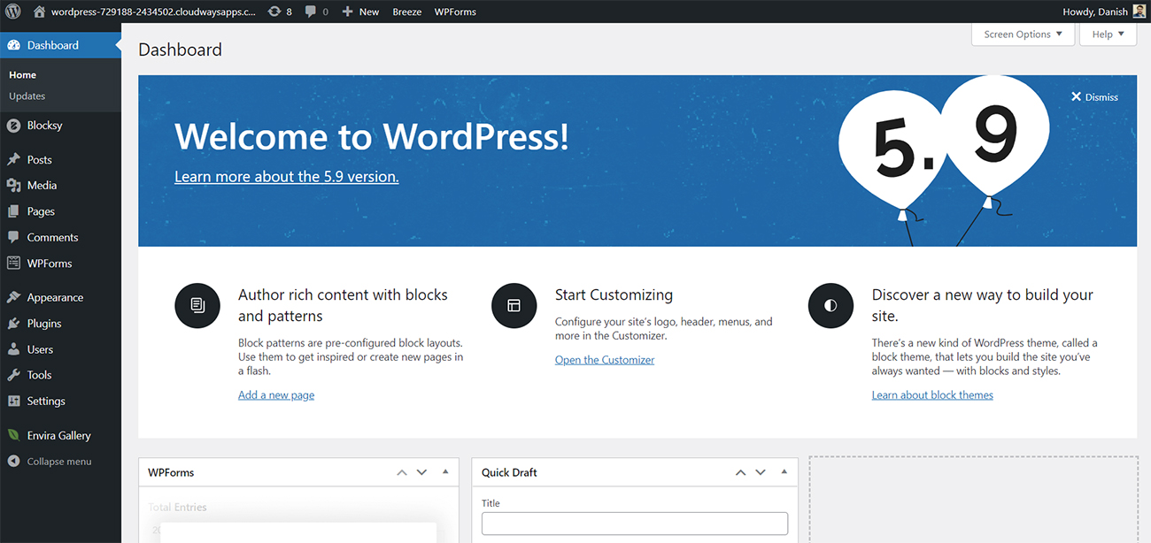 Экран приветствия WordPress
