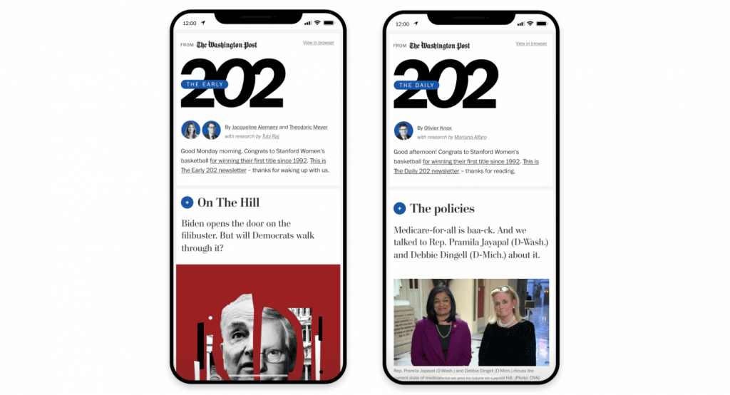 Washington Post'un The Early 202 başlıklı haber bülteninin ekran görüntüsü.ek özelliklerle 2021'in sonlarında yeniden başlatıldı.