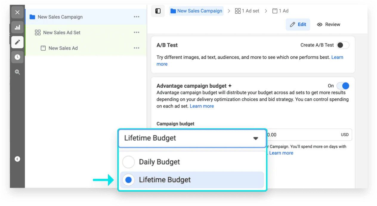 set your facebook ad campaigns to lifetime budget