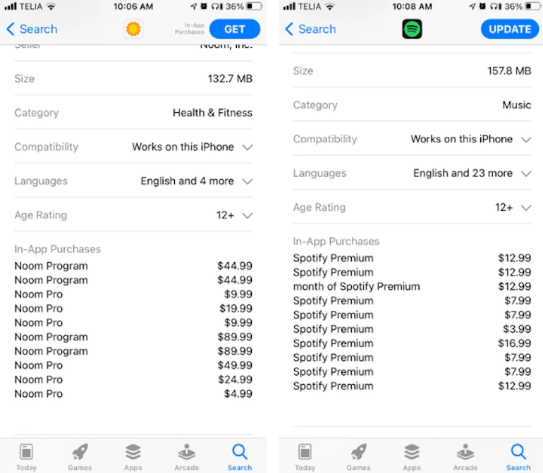 app onboarding: Side-by-side screenshots of Noom and Spotify's premium costs for in-app purchases.