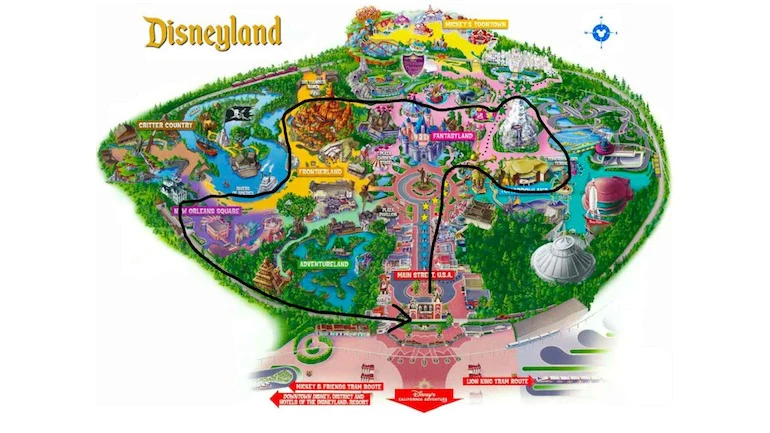 App onboarding: A map of Disneyland showing the theoretical best route through the park.
