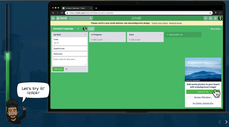 App onboarding: A screenshot from Benoni and Lavallee's case study showing a prompt from Trello asking the user to personalize their Trello board with a background image.