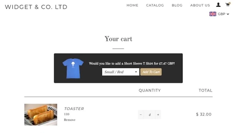 app onboarding: Screenshot of In Cart Upsell's checkout upsell pop-up, offering a discounted t-shirt to the customer to add to cart.