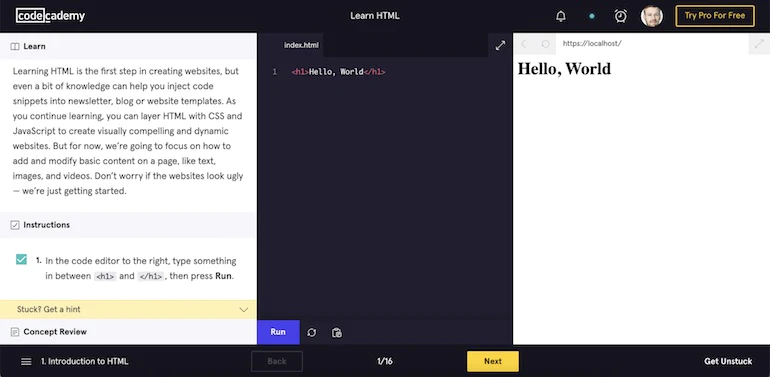 App onboarding: Screenshot of Codecademy's learn to code process, displaying side by sides of regular text, code, and HTML output