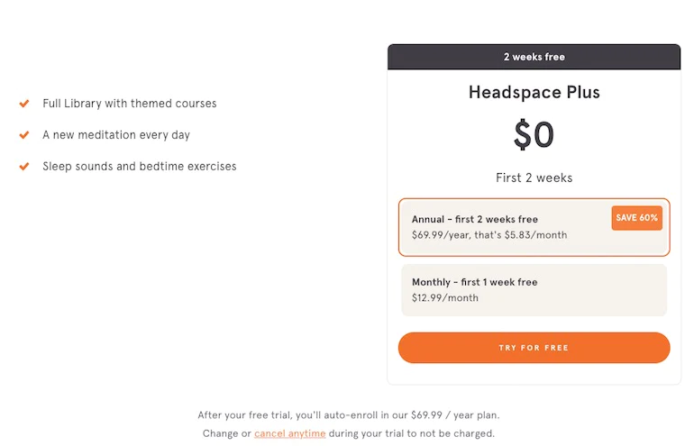 App onboarding: Screenshot of the Headspace app onboarding process, prompting users to try the service for free for two weeks before upgrading to an annual or monthly paid subscription.
