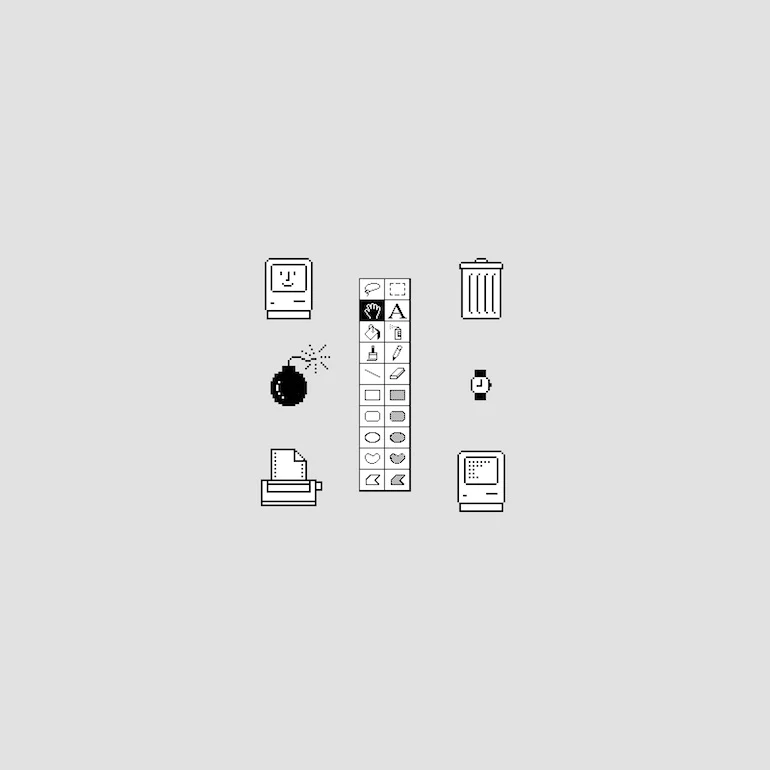 skeuomorphism: original skeuomorph icons for Apple Macintosh that include a trash can, printer, a watch, floppy disk, a bomb with a lit fuse, and various shapes and images to indicate different design elements the user can create.