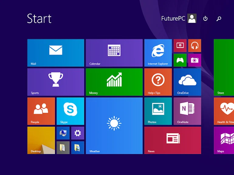 skeuomorphism: screenshot of Windows 8.1 Pro default start screen, showing buttons for different functions, including mail, weather, photos, news, and calendar.