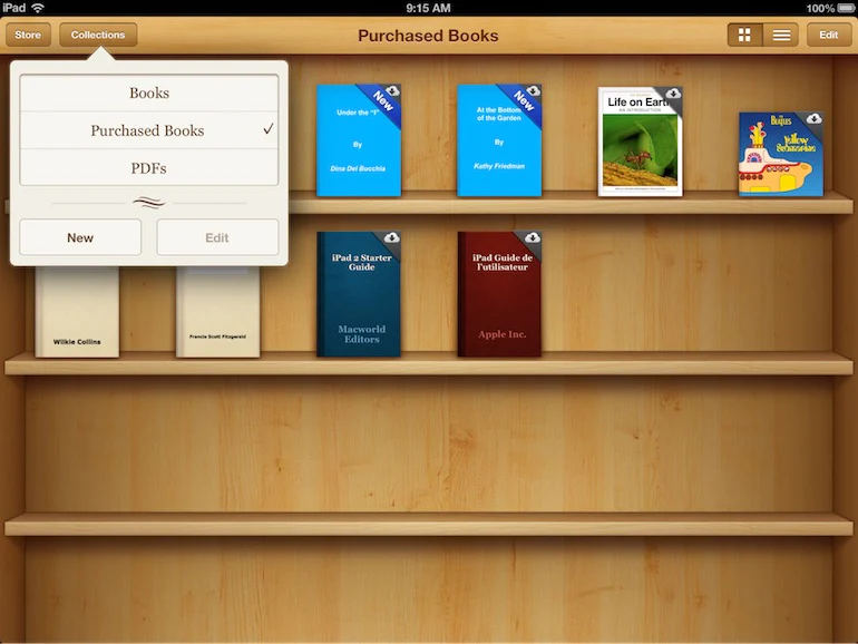 skeuomorphism: screenshot of a user's purchased books library in Apple iOS 6. There are 10 book covers displayed on the top two shelves of a wooden bookcase.