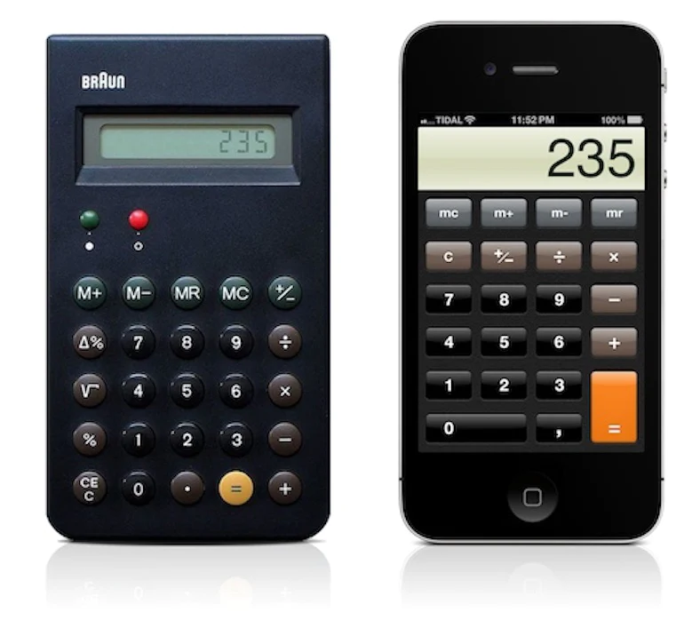 skeuomorphism: on the left side is a traditional, hand-held calculator, and on the right is the Calculator app in Apple iOS 6, which mimics the calculator's look and functionality.