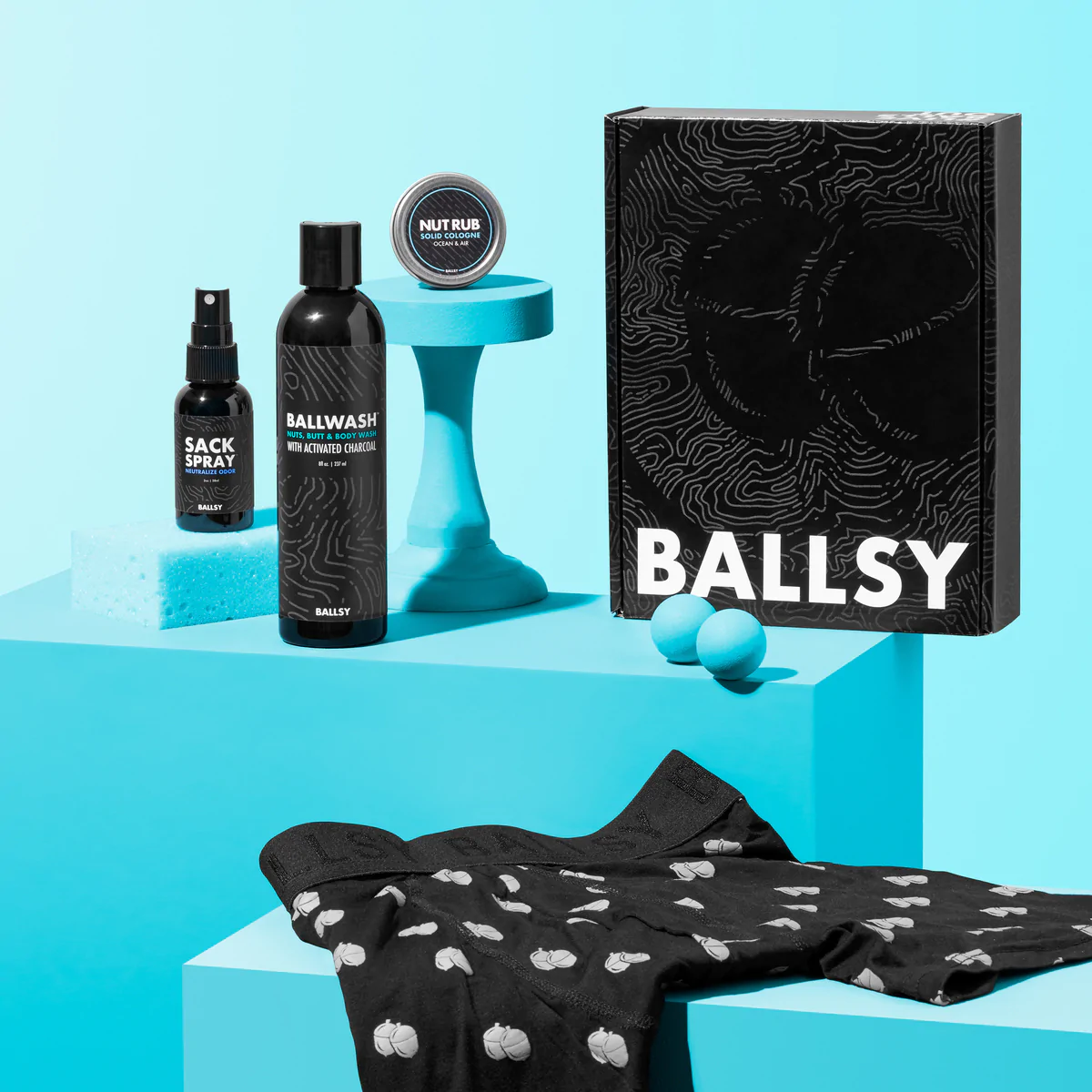 A set of personal care items from Ballsy along with a pair of underwear.