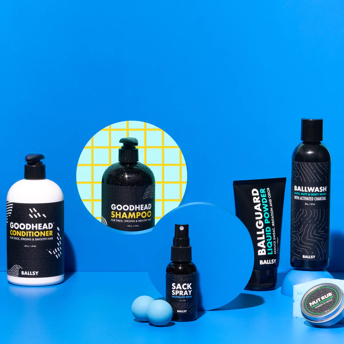 An array of personal care items from Ballsy displayed against a blue background.