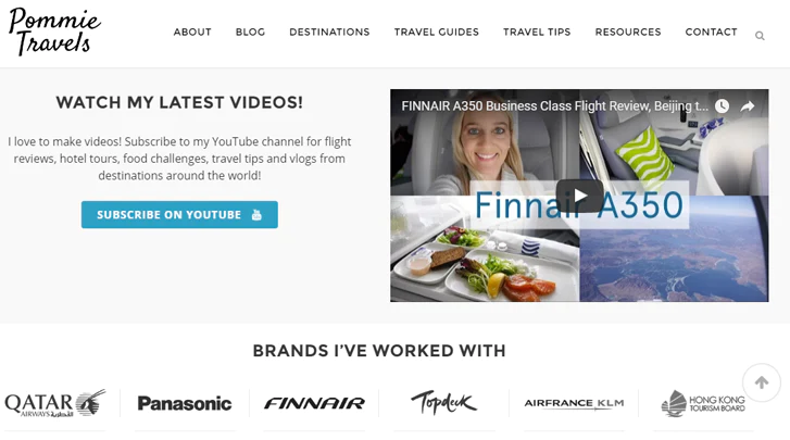 Screenshot of a travel blog that shows logos of air travel companies and consumer products companies the founder has collaborated with and has partnerships with.