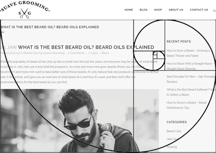 The Golden Ratio concept overlaid on a webpage selling men's beard oil, showing the concept in practice with a smaller sidebar.