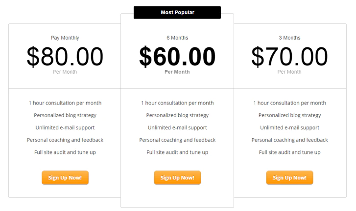 A screenshot of three pricing options, $80 for a monthly plan, $60 for six months, and $70 for three months. The $60 plan is highlighted and has a label that says Most Popular.