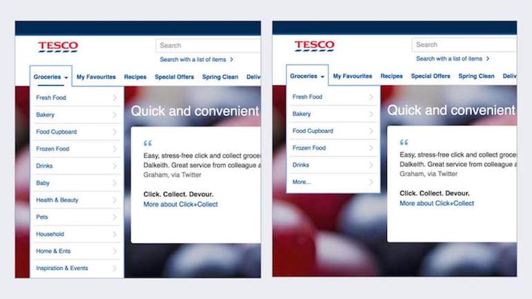Two screenshots of the Tesco grocery website side by side showing how customers can overcome choice paralysis. The image on the left shows an expanded groceries menu with 11 options after the 'More' tab has been clicked. The image on the right shows the top 5 options with the 'More' tab unexpanded. 