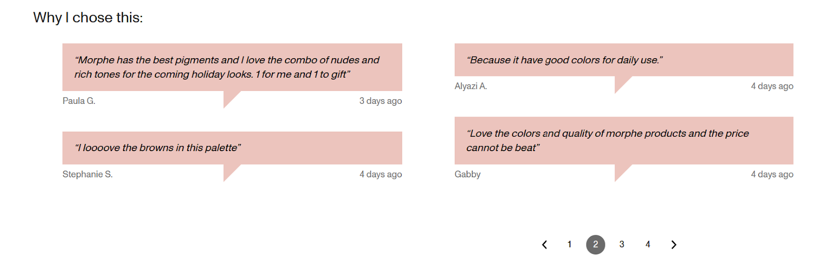 Capturas de tela de balões de comentários de checkout compartilhando os motivos do cliente para comprar uma paleta de maquiagem