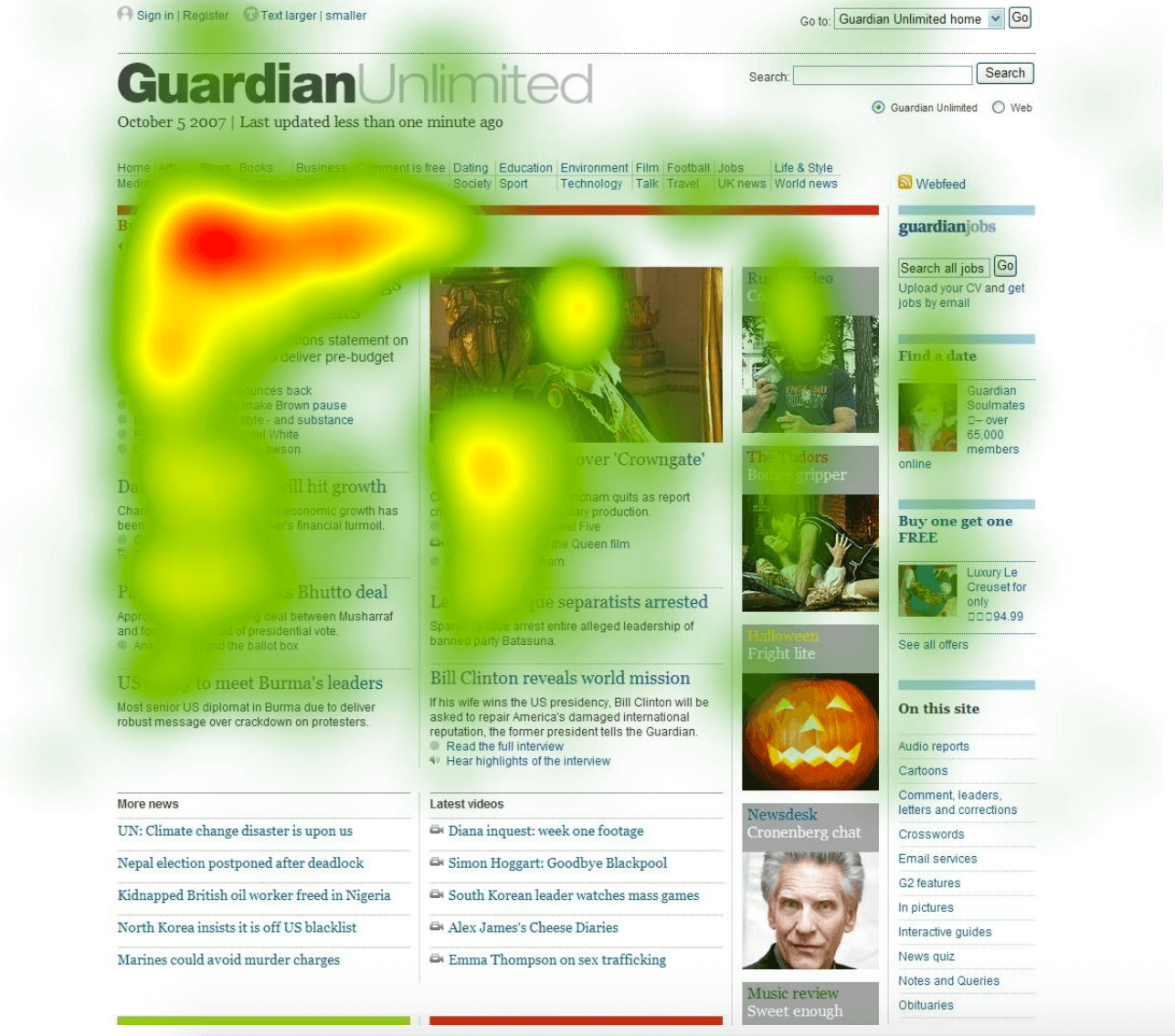 Captură de ecran a hărții termice de la Guardian care arată cea mai mare activitate aproape de începutul articolului