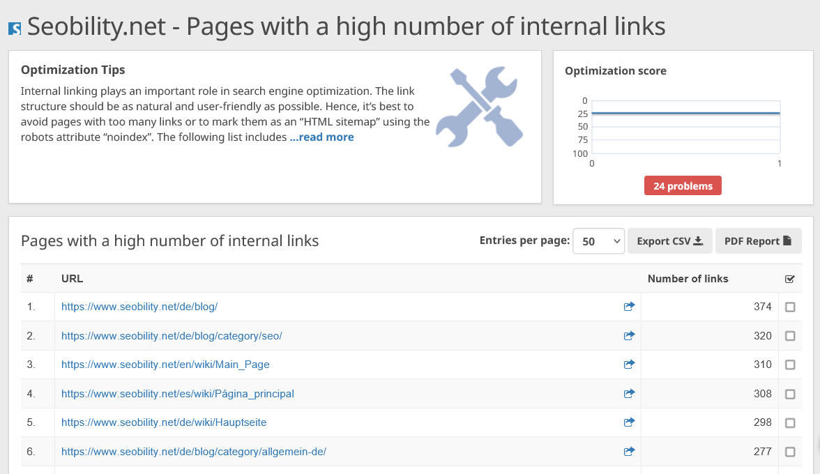 pages avec un nombre élevé de liens internes