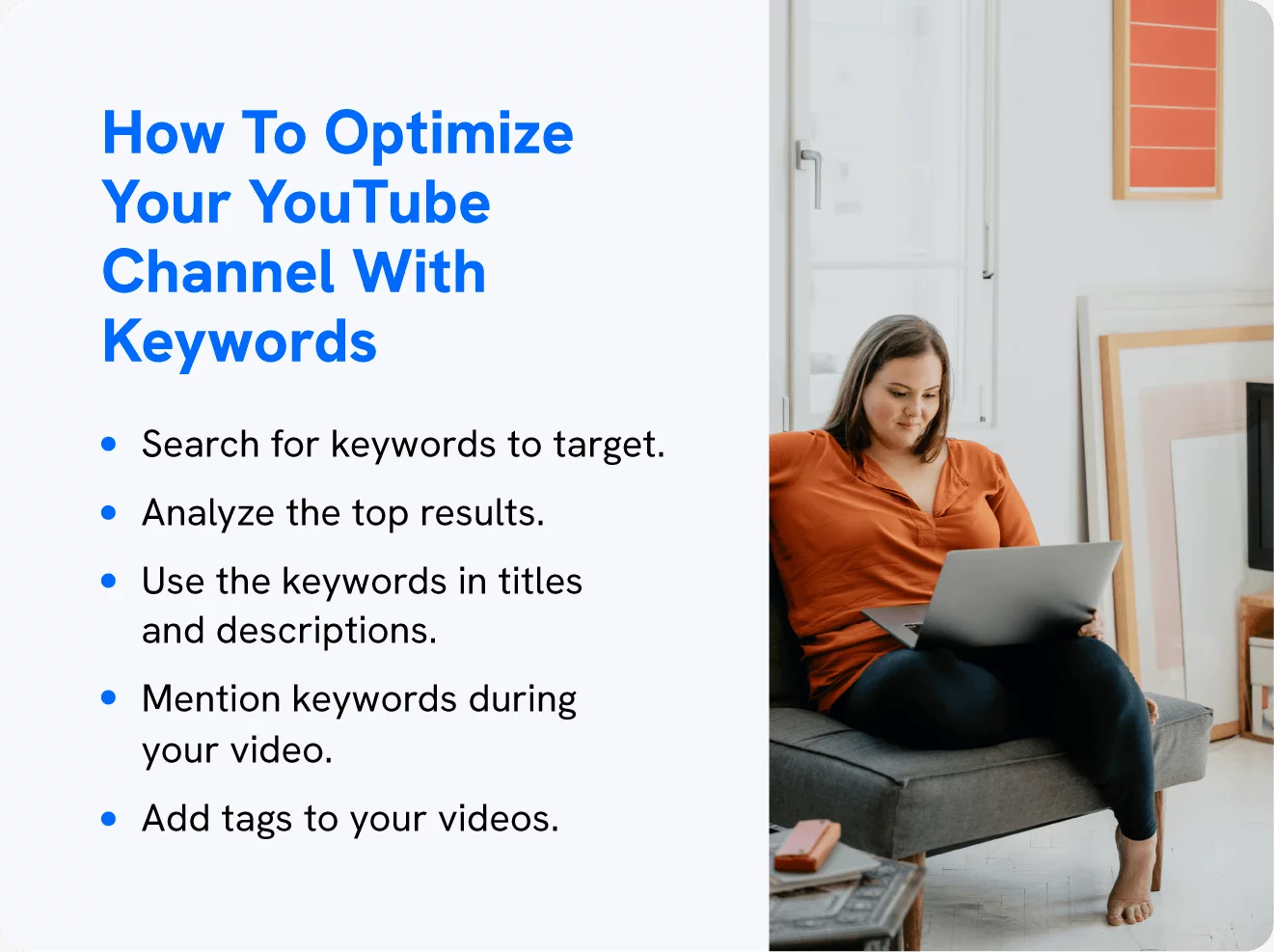 Un grafico mostra come promuovere i video di YouTube ottimizzandoli con le parole chiave.