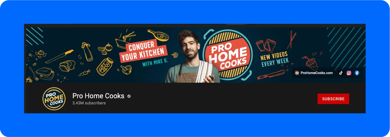Pro Home Cooks YouTube 배너의 스크린샷.