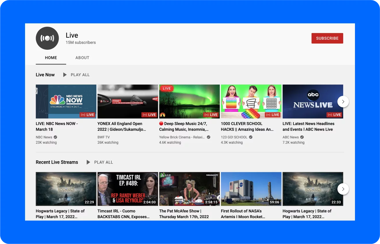 YouTube Canlı ana ekranının ekran görüntüsü.