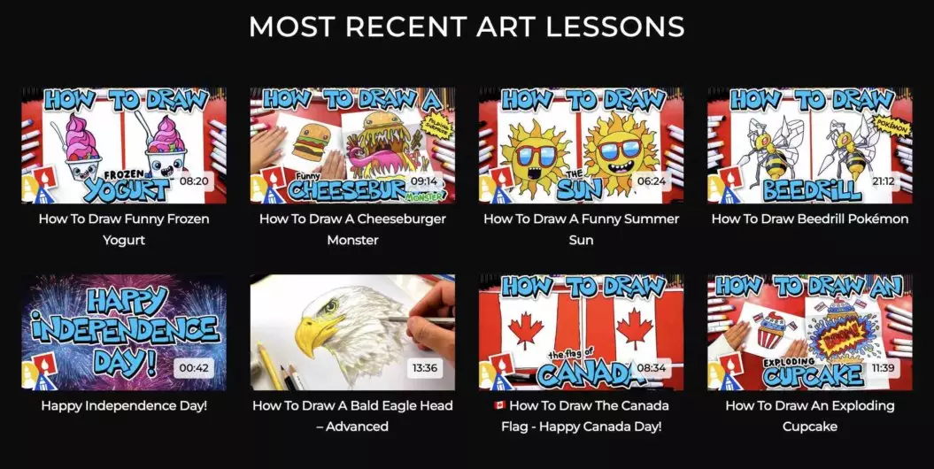 Uno screenshot della piattaforma di video on demand Art For Kids Hub.