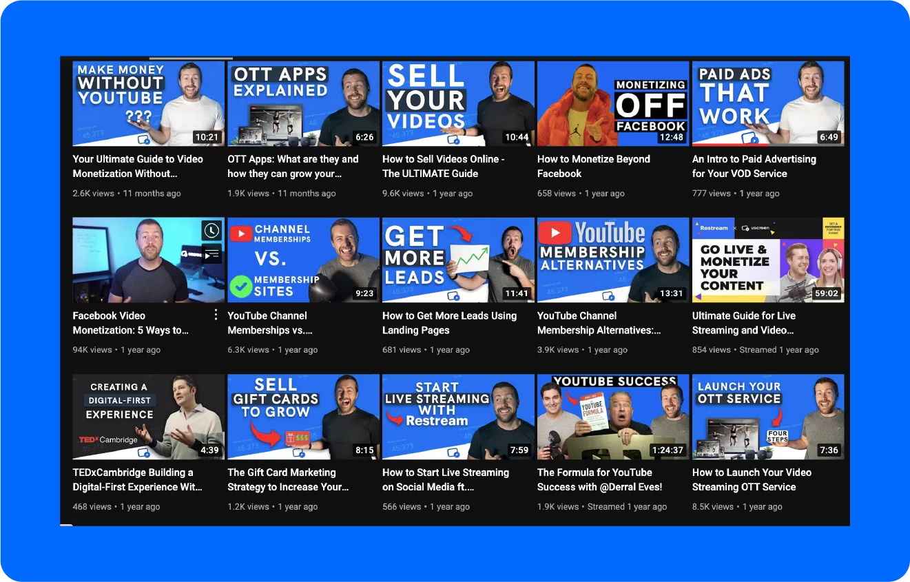 Ein Screenshot der YouTube-Video-Thumbnails von Uscreen.