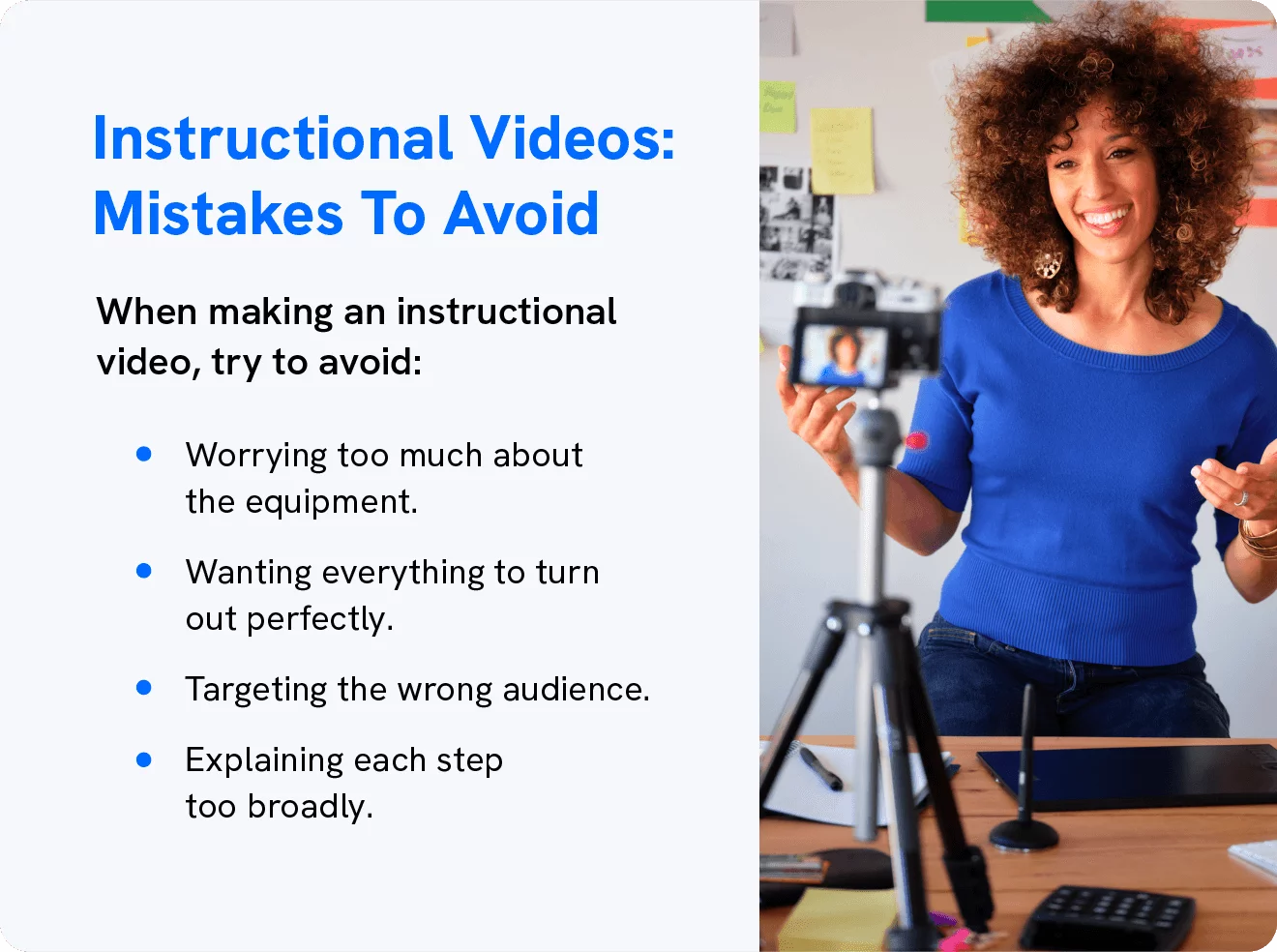 يظهر الرسم الأخطاء التي يجب تجنبها عند إنشاء مقاطع فيديو تعليمية.