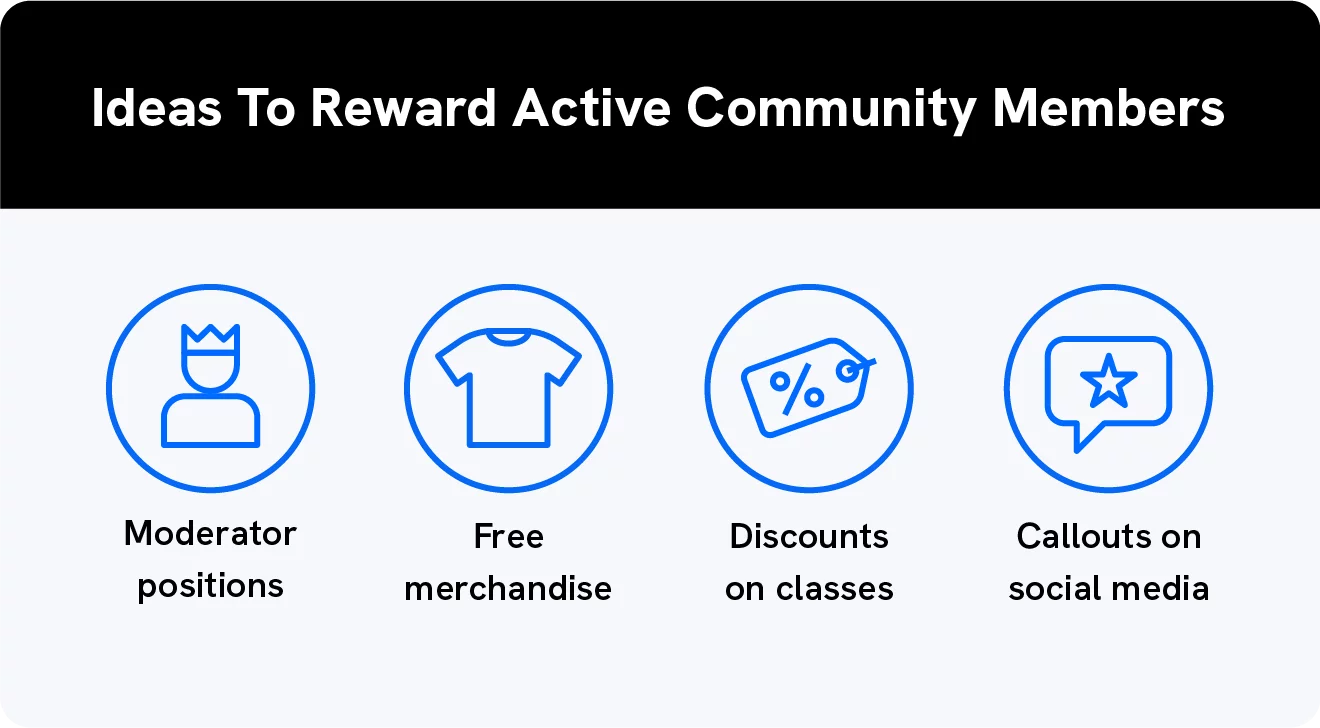 Una imagen muestra 4 ideas de recompensas que los creadores de contenido pueden usar como estrategias de participación comunitaria.