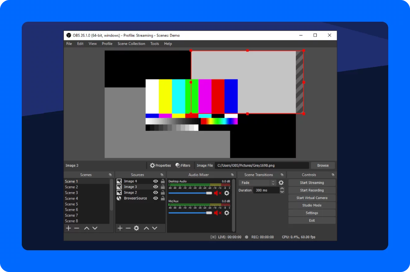 لقطة شاشة لبرنامج ترميز OBS Studio.