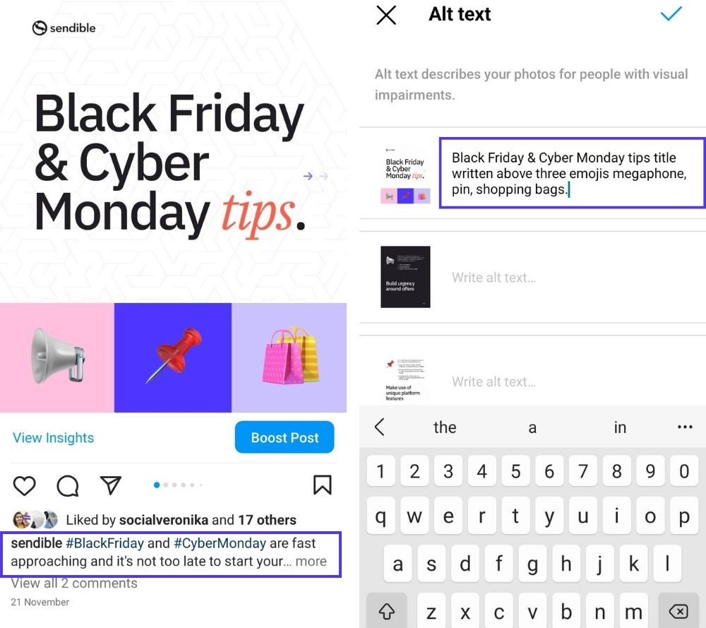 Soldaki Instagram gönderi yazısı ve sağdaki alternatif metin, ikisinin görünürlük ve içerik farkını gösterir.