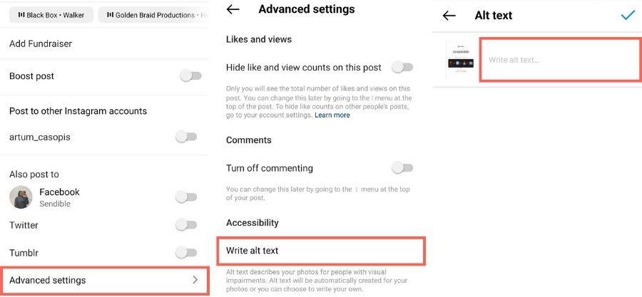Uno screenshot di come aggiungere alt-text al post di Instagram Carousel