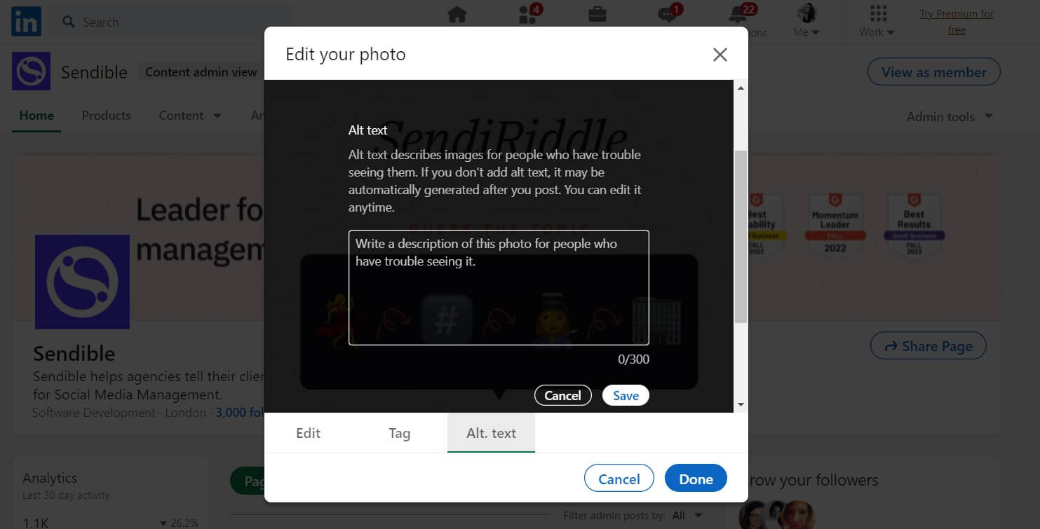 Zrzut ekranu przedstawiający sposób dodawania tekstu alternatywnego do obrazów LinkedIn