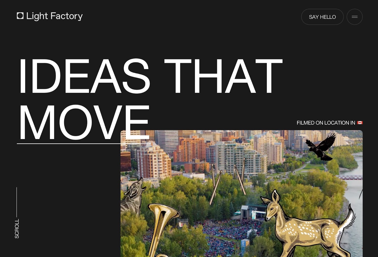 Der komplett schwarze Website-Header von Light Factory mit großem weißem Text in Großbuchstaben mit der Aufschrift „IDEAS THT MOVE“ über einer Vogelperspektive von Toronto mit einer Illustration eines Horns und eines Hirsches über dem Stadtbild.