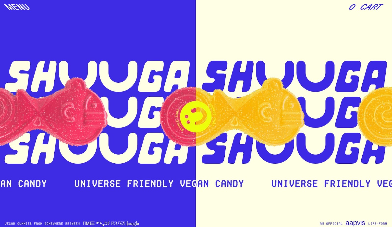 Header der Website von Shuga, vertikal in zwei Hälften geteilt. Die linke Seite ist mit cremefarbenem Text blau, der SHUGA liest. Die rechte Seite ist mit einem cremefarbenen Hintergrund und blauem Text identisch. Auf dem Hintergrund befinden sich ping- und orangefarbene Darstellungen ihrer veganen, fischförmigen Süßigkeiten.