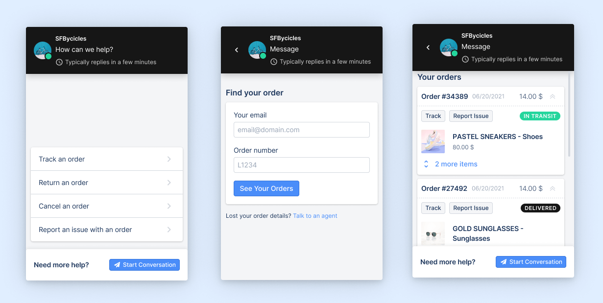Gorgias self-service portal lets customers track and modify orders.