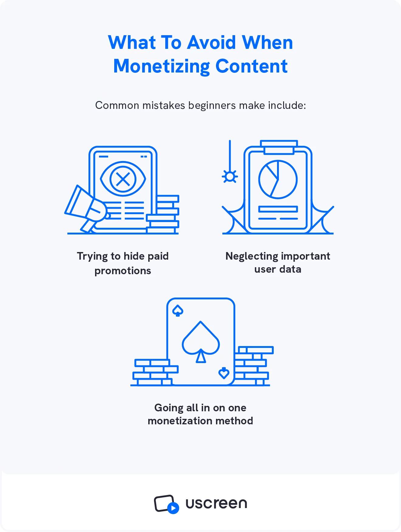 画像は、動画クリエイターが最初にコンテンツの収益化を開始するときに犯す 3 つの主要なコンテンツ収益化の間違いを示しています。