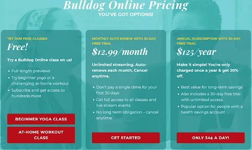 O imagine afișează opțiunile de preț pe care Bulldog Yoga le folosește pentru monetizarea conținutului.