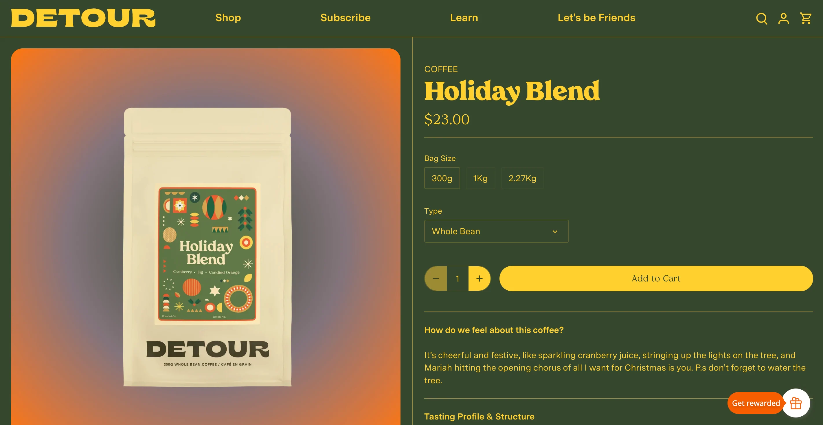 Website product page for Detour coffee holiday blend