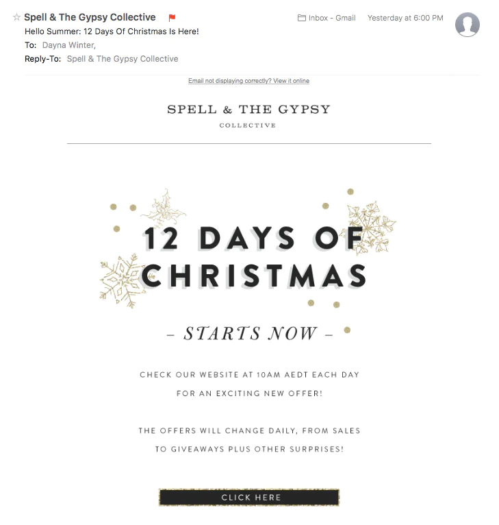 Sample of a holiday email from Spell and the Gypsy Collective