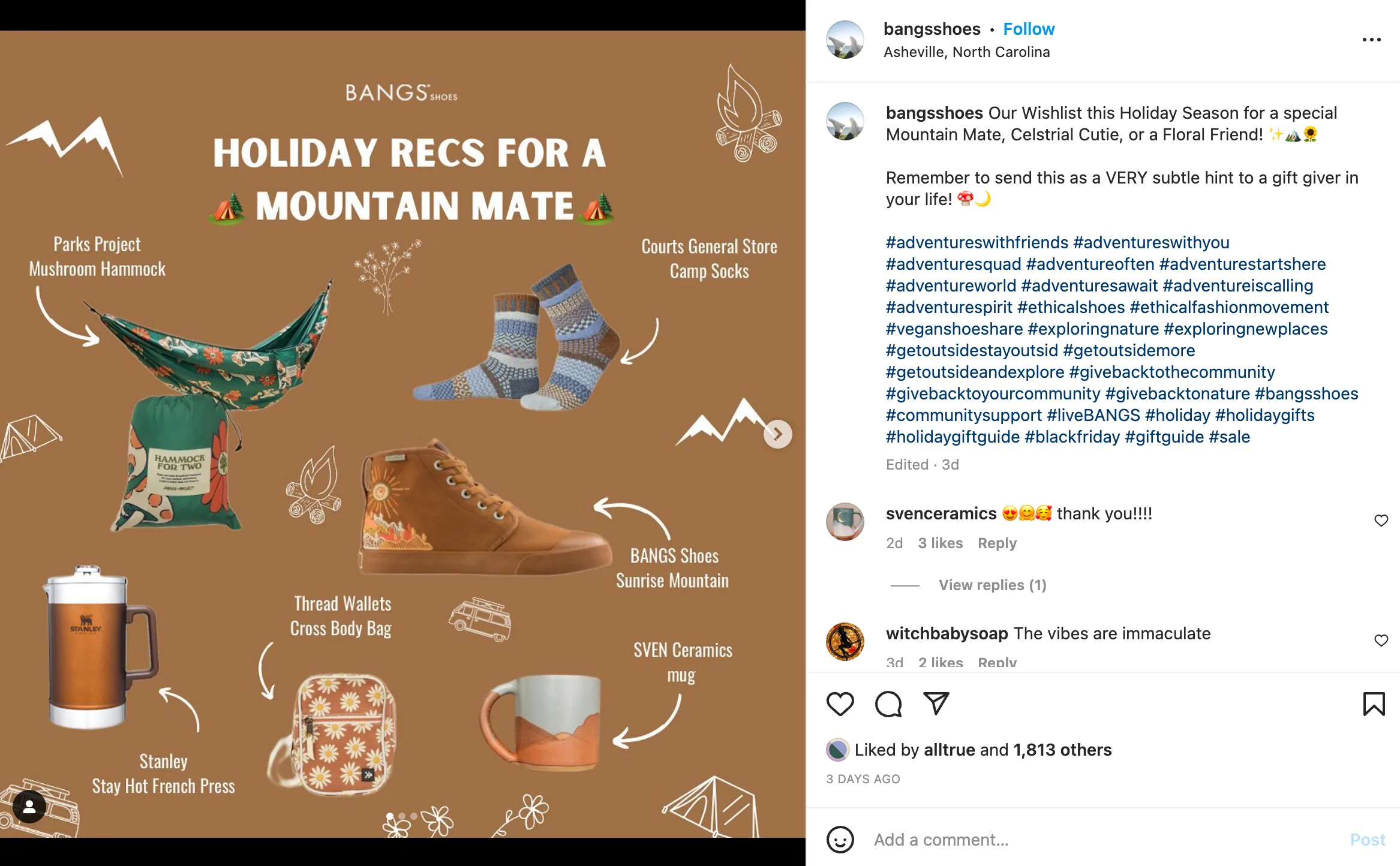 An instragram post from Bangs Shoes featuring a number of products arranged into a gift guide