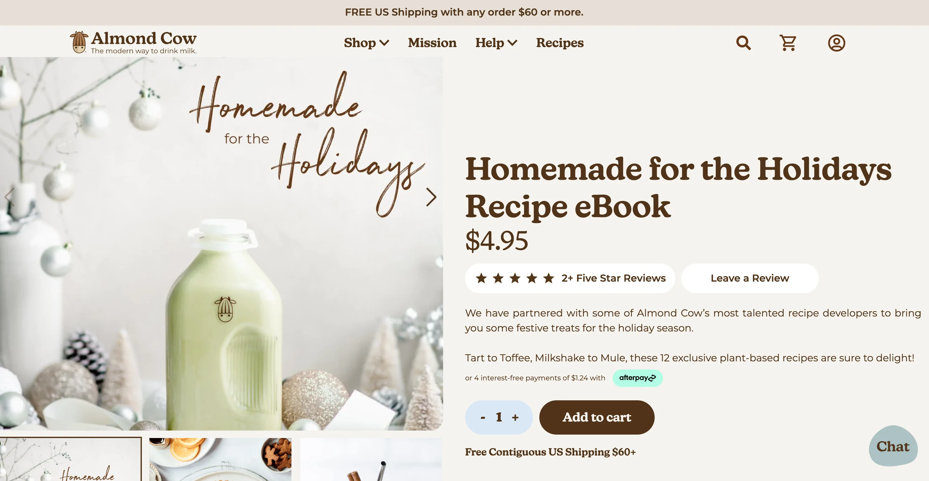 Almond Cow product page selling a recipe e-book