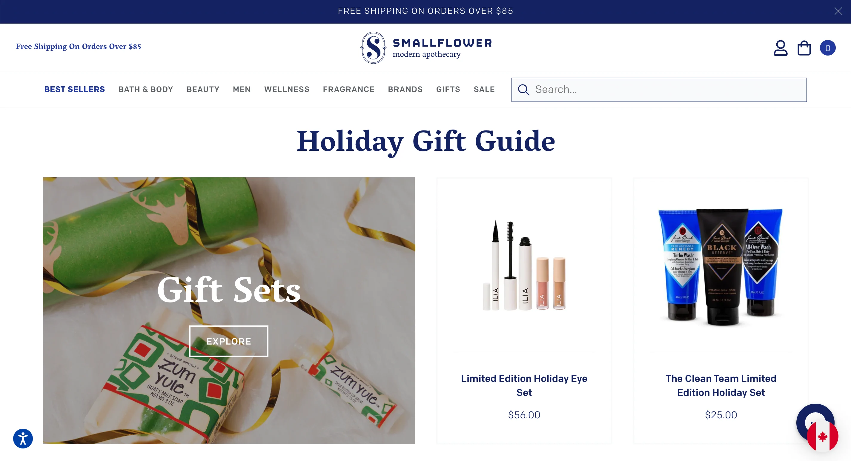 Screengrab of a webpage from Smallflower featuring gift guides